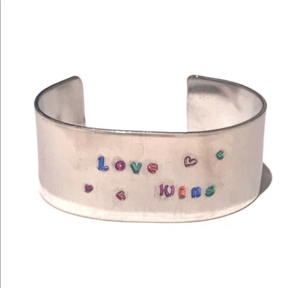 Handmade stamped Love Wins Pride silver hypoallergenic adjustable cuff bracelet